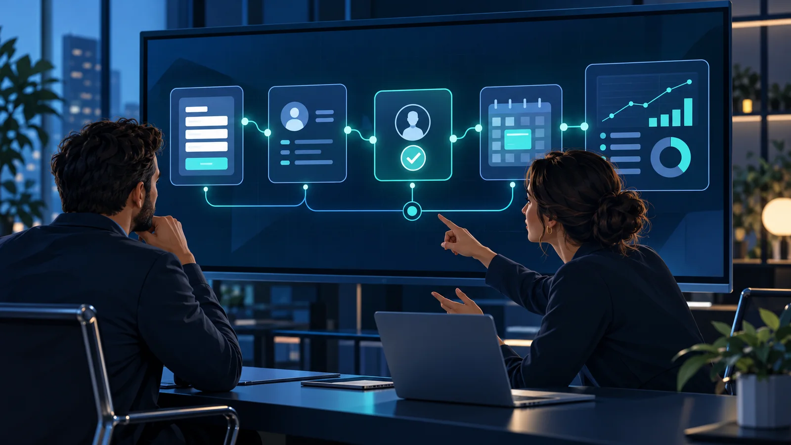 Business owner and implementation specialist reviewing AI automation from intake and CRM records through human approval, scheduling, and reporting