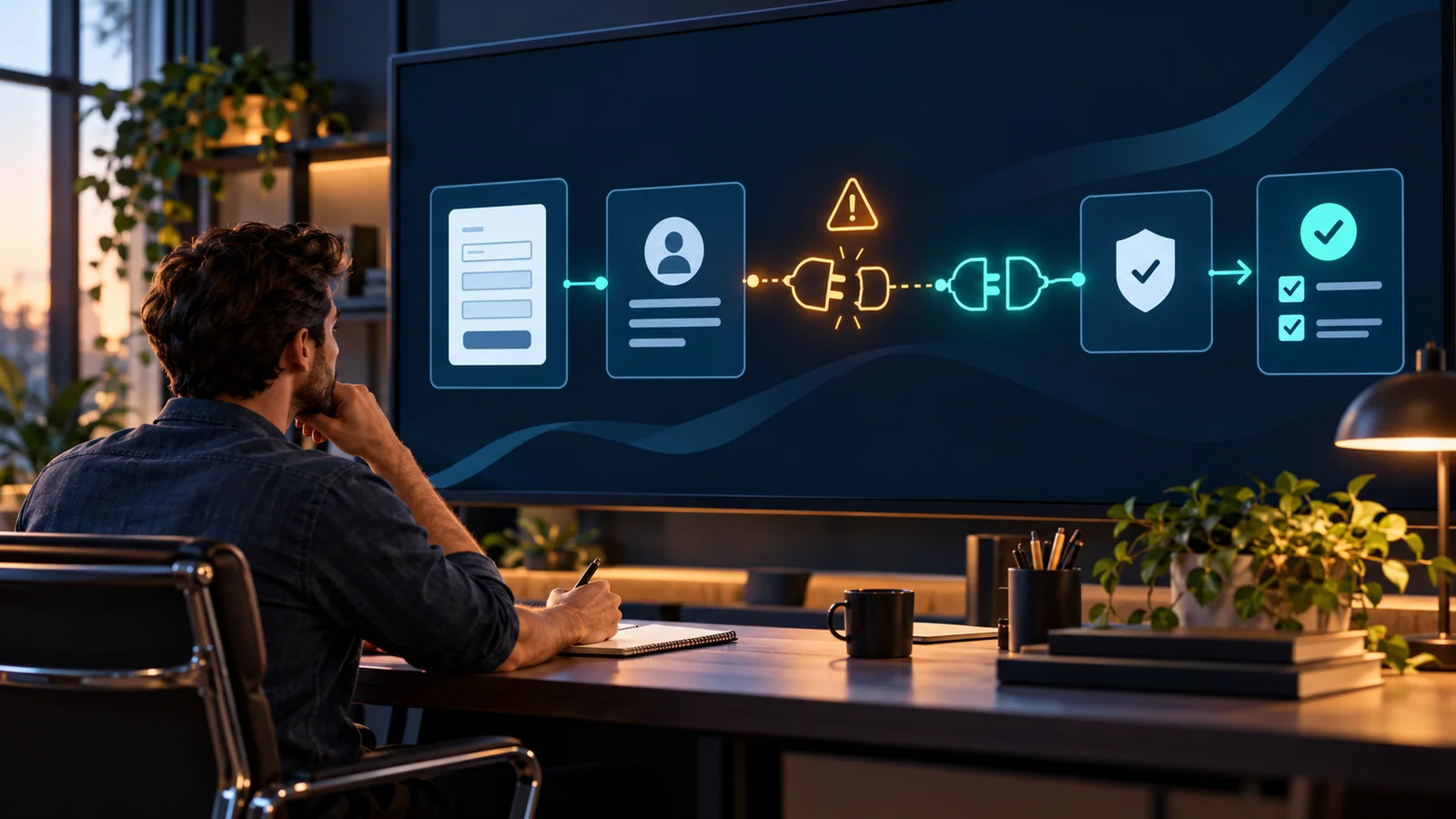 Automation repair specialist reviewing a failed connection between intake and CRM, with a repaired route to approval and task completion