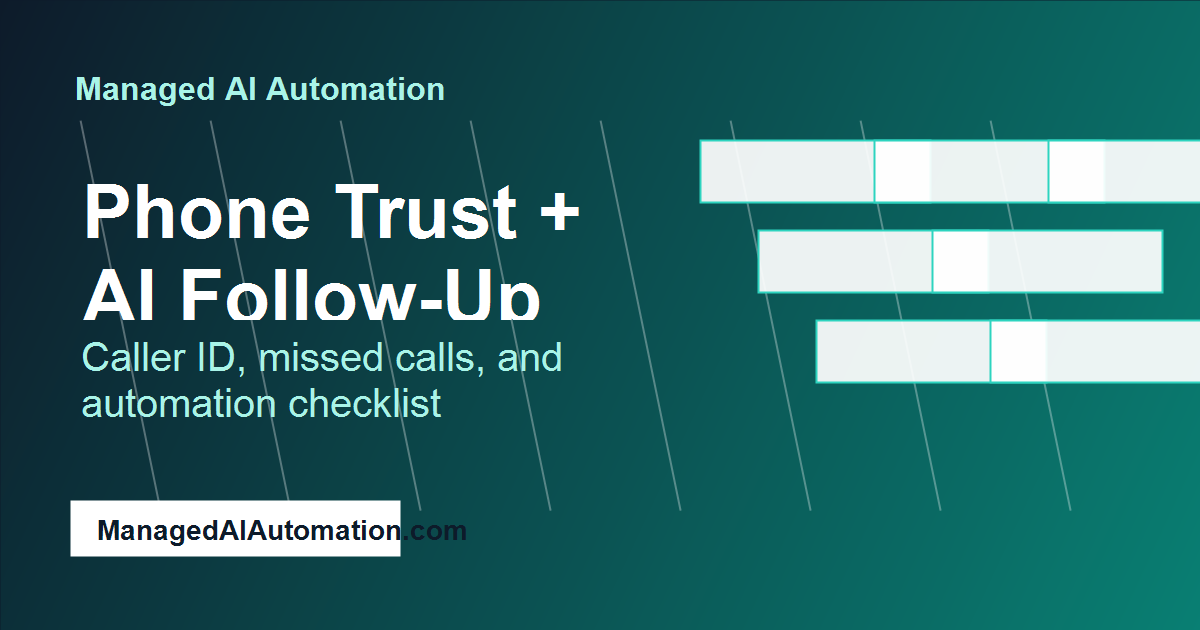 Branded checklist graphic for business phone trust caller ID and AI follow-up automation